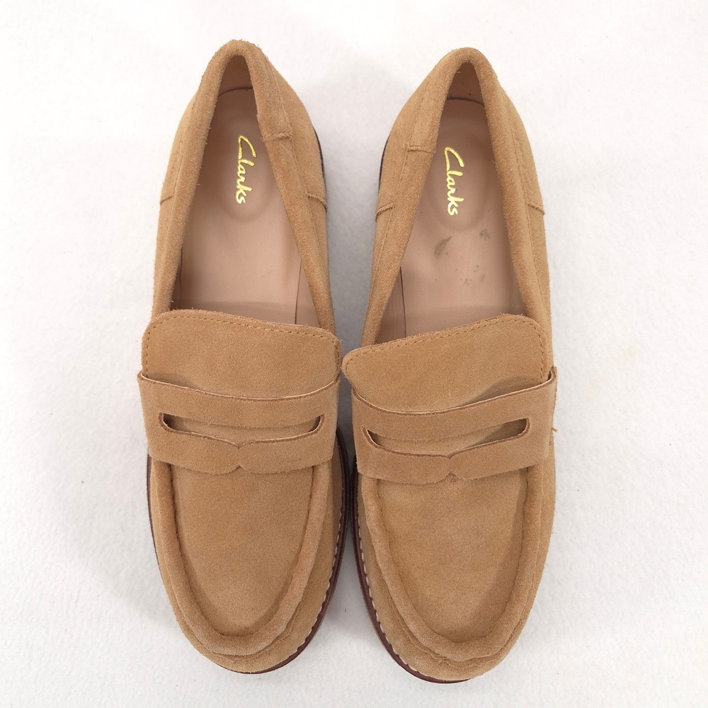 Clarks Orianna W Suede Penny Loafers Tan 8.5 Preppy Academic Chunky Platform Lug - Picture 4 of 11